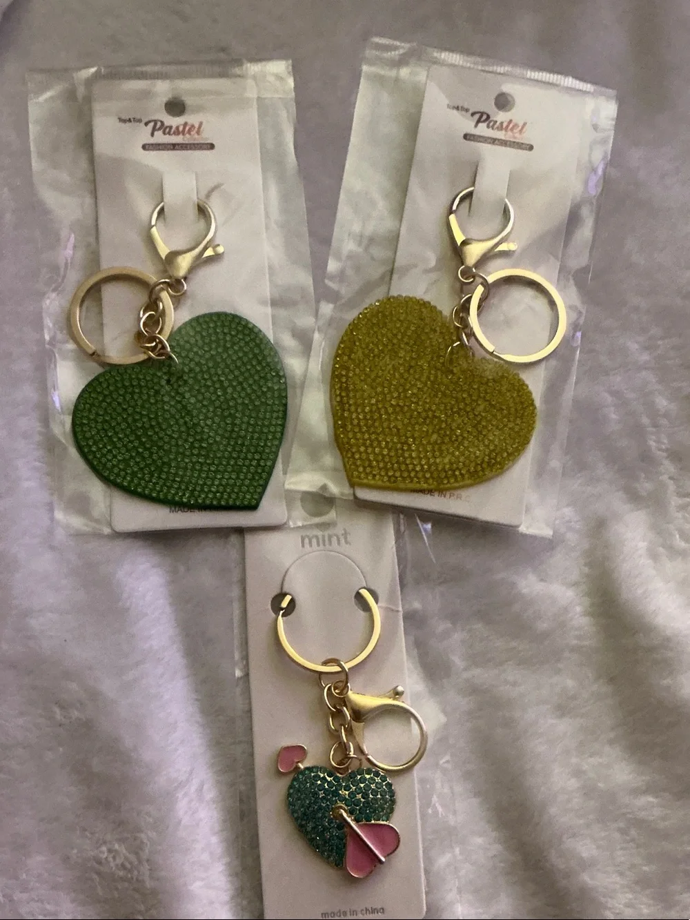 Pastels Heart Keychain Bundle - Green,Yellow and Aqua Heart Charms 💚💛💘